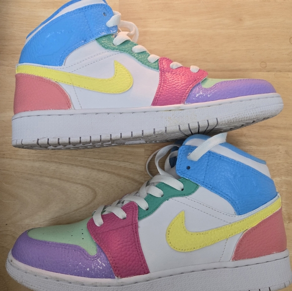 Air Jordan MID (GS) custom painted in primary worn